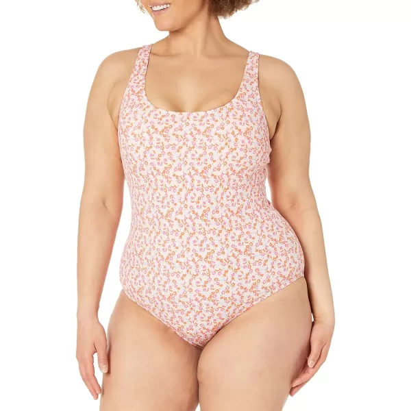 Amazon Essentials Womens OnePiece Coverage Swimsuit Available in Plus SizePale Peach Micro Floral