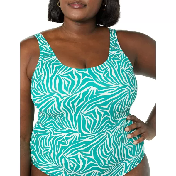Amazon Essentials Womens OnePiece Coverage Swimsuit Available in Plus SizeTurquoise Green Zebra Stripe