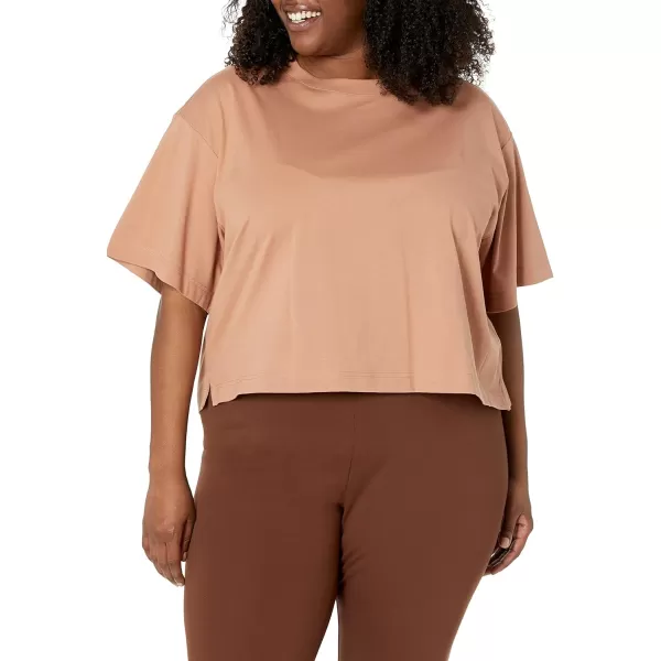 Amazon Essentials Womens Organic Cotton Drop Shoulder Relaxed Boxy ShortSleeve TShirt Available in Plus SizeLight Brown