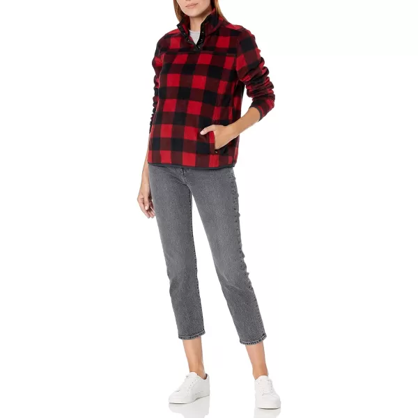 Amazon Essentials Womens Polar Fleece LongSleeve Mock Neck RelaxedFit Popover Jacket with PocketsBlack Red Buffalo Plaid