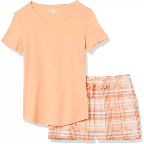 Amazon Essentials Womens Poplin Short and Sleep Tee SetBright Coral Orange Plaid