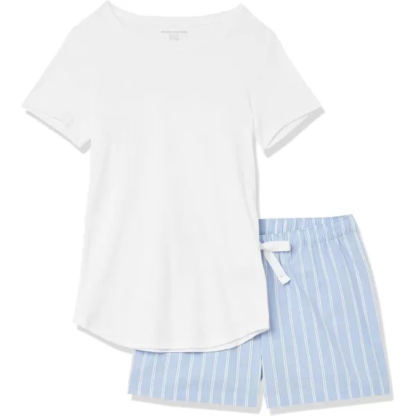 Amazon Essentials Womens Poplin Short and Sleep Tee SetBright WhiteBlueWhite TexturedStripe