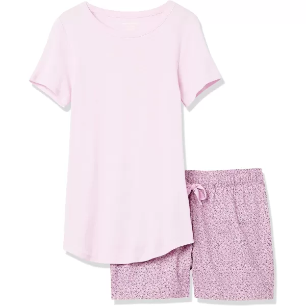 Amazon Essentials Womens Poplin Short and Sleep Tee SetLight Pink Cherry Print