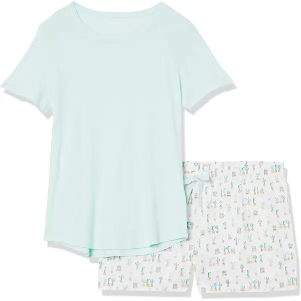 Amazon Essentials Womens Poplin Short and Sleep Tee SetMint Green White Cactus