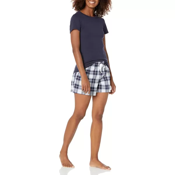 Amazon Essentials Womens Poplin Short and Sleep Tee SetNavy Plaid