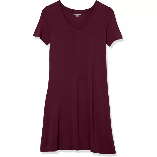 Amazon Essentials Womens Regular ShortSleeve vNeck Swing DressRayon Blend Burgundy