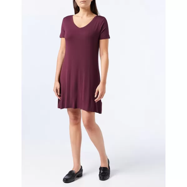 Amazon Essentials Womens Regular ShortSleeve vNeck Swing DressRayon Blend Burgundy