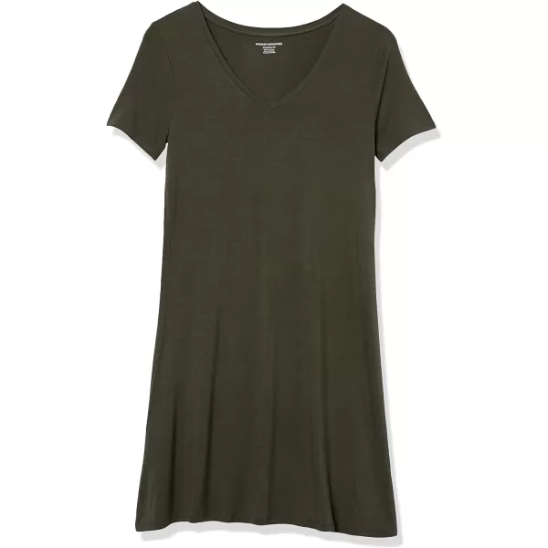 Amazon Essentials Womens Regular ShortSleeve vNeck Swing DressRayon Blend Dark Olive