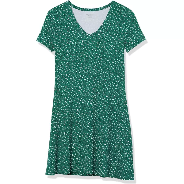 Amazon Essentials Womens Regular ShortSleeve vNeck Swing DressRayon Blend Green Leaf Print