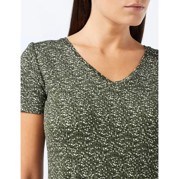 Amazon Essentials Womens Regular ShortSleeve vNeck Swing DressRayon Blend Olive Dots