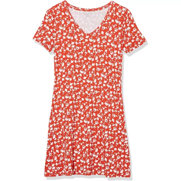 Amazon Essentials Womens Regular ShortSleeve vNeck Swing DressRayon Blend Red Floral Print