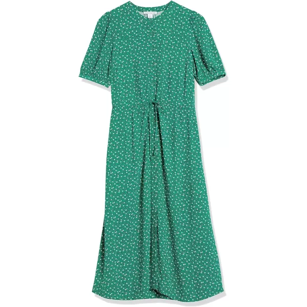 Amazon Essentials Womens Relaxed Fit HalfSleeve Waisted Midi ALine DressGreen Leaf Print