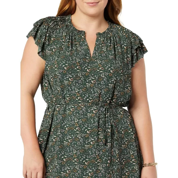 Amazon Essentials Womens Relaxed Fit Lightweight Georgette Split Neck Flutter Sleeve Shift DressDark Green Floral