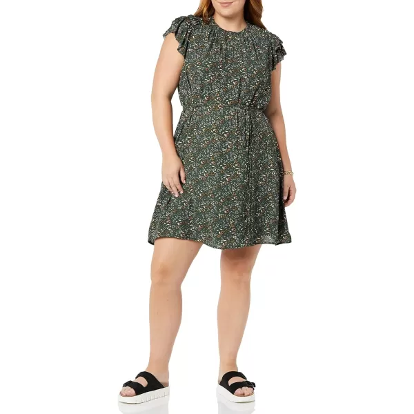 Amazon Essentials Womens Relaxed Fit Lightweight Georgette Split Neck Flutter Sleeve Shift DressDark Green Floral