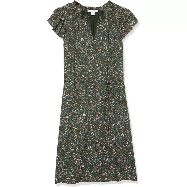 Amazon Essentials Womens Relaxed Fit Lightweight Georgette Split Neck Flutter Sleeve Shift DressDark Green Floral