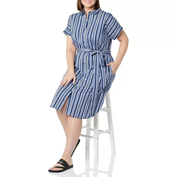 Amazon Essentials Womens Relaxed Fit Short Sleeve Button Front Belted Shirt DressGrey Navy Variegated Stripe