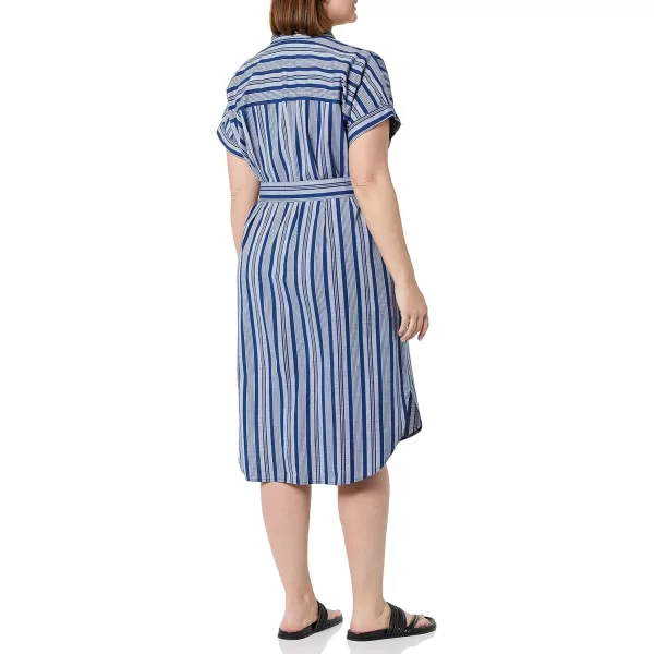 Amazon Essentials Womens Relaxed Fit Short Sleeve Button Front Belted Shirt DressGrey Navy Variegated Stripe