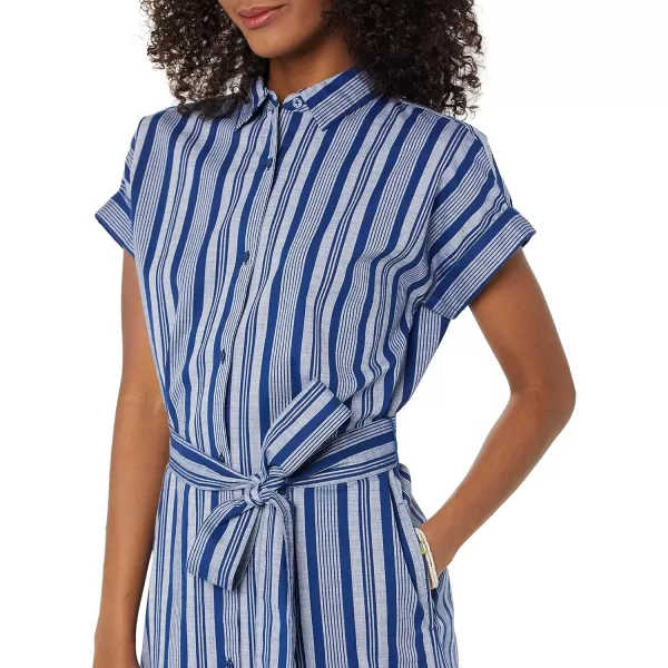 Amazon Essentials Womens Relaxed Fit Short Sleeve Button Front Belted Shirt DressGrey Navy Variegated Stripe