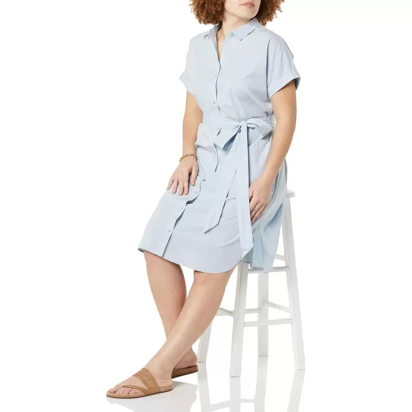 Amazon Essentials Womens Relaxed Fit Short Sleeve Button Front Belted Shirt DressWhiteBlue Stripe