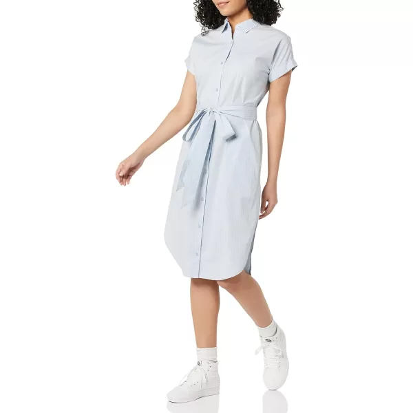 Amazon Essentials Womens Relaxed Fit Short Sleeve Button Front Belted Shirt DressWhiteBlue Stripe