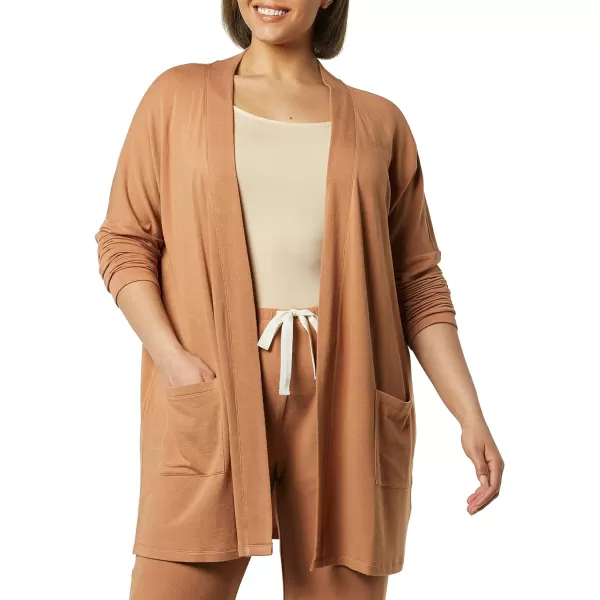 Amazon Essentials Womens RelaxedFit Lightweight Lounge Terry OpenFront CardiganLight Caramel