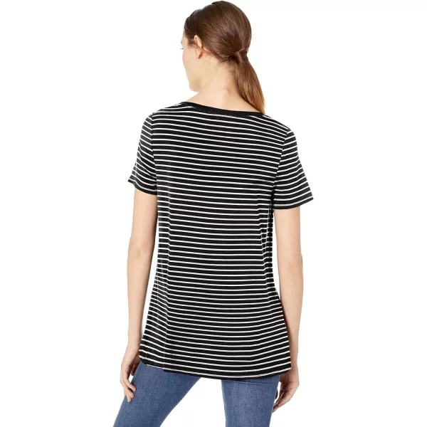 Amazon Essentials Womens RelaxedFit ShortSleeve Scoopneck Swing Tee Available in Plus SizeRayon Blend Black Stripe