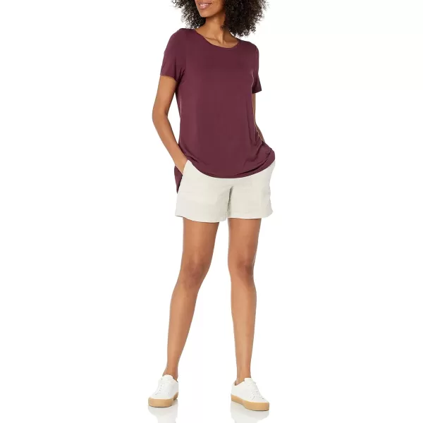 Amazon Essentials Womens RelaxedFit ShortSleeve Scoopneck Swing Tee Available in Plus SizeRayon Blend Burgundy