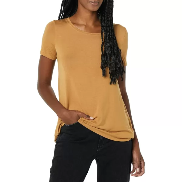 Amazon Essentials Womens RelaxedFit ShortSleeve Scoopneck Swing Tee Available in Plus SizeRayon Blend Dark Camel