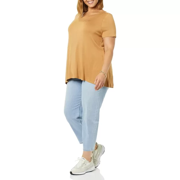 Amazon Essentials Womens RelaxedFit ShortSleeve Scoopneck Swing Tee Available in Plus SizeRayon Blend Dark Camel