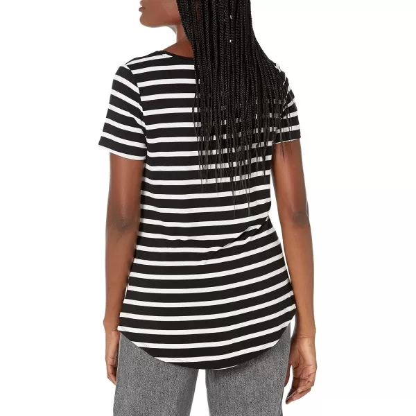 Amazon Essentials Womens RelaxedFit ShortSleeve VNeck Tunic Available in Plus Size MultipacksRayon Blend Black White French Stripe