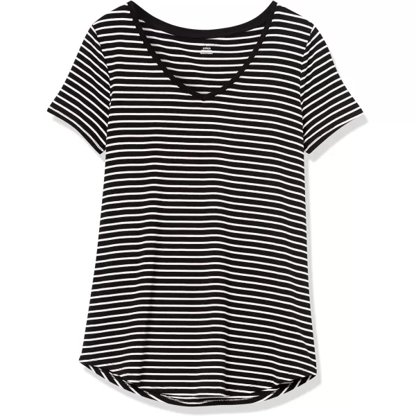 Amazon Essentials Womens RelaxedFit ShortSleeve VNeck Tunic Available in Plus Size MultipacksRayon Blend Black White Placed Stripe