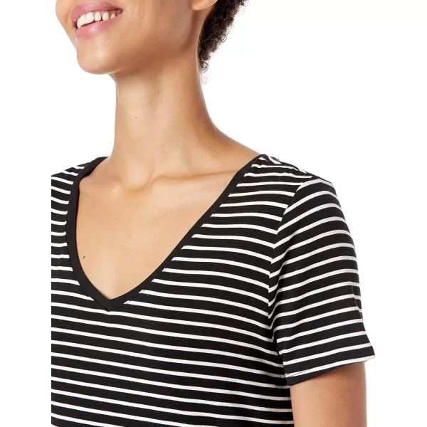 Amazon Essentials Womens RelaxedFit ShortSleeve VNeck Tunic Available in Plus Size MultipacksRayon Blend Black White Placed Stripe