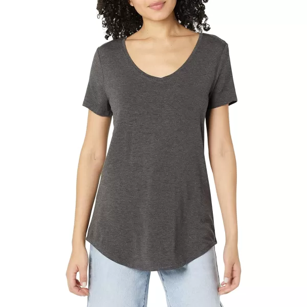 Amazon Essentials Womens RelaxedFit ShortSleeve VNeck Tunic Available in Plus Size MultipacksRayon Blend BlackCharcoal Heather