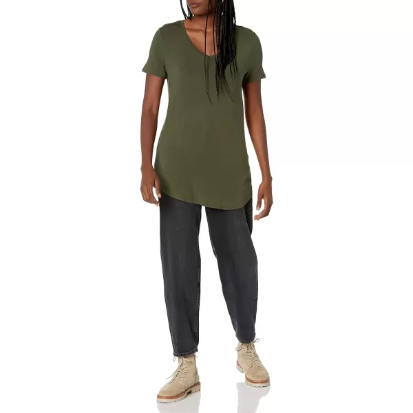 Amazon Essentials Womens RelaxedFit ShortSleeve VNeck Tunic Available in Plus Size MultipacksRayon Blend Dark Olive