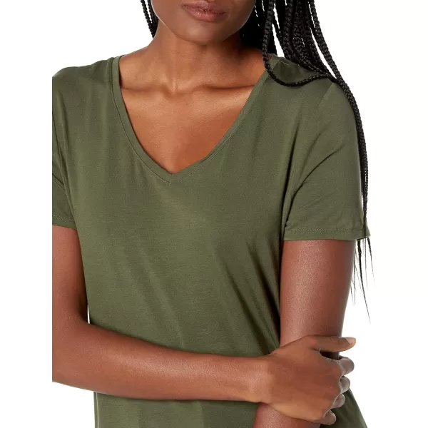 Amazon Essentials Womens RelaxedFit ShortSleeve VNeck Tunic Available in Plus Size MultipacksRayon Blend Dark Olive