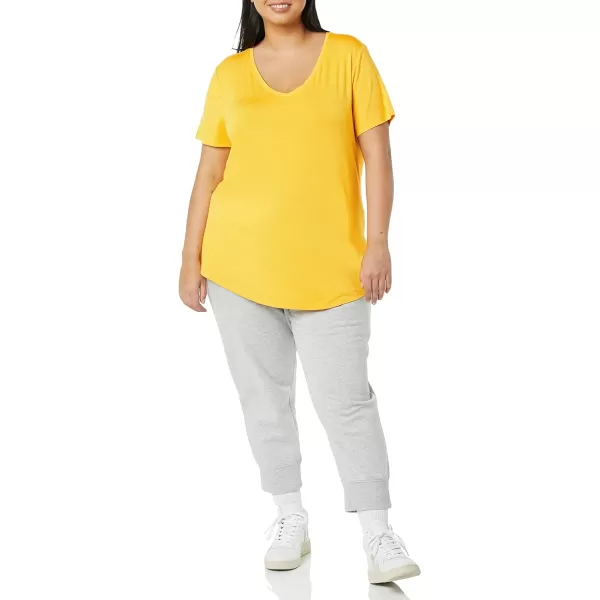 Amazon Essentials Womens RelaxedFit ShortSleeve VNeck Tunic Available in Plus Size MultipacksRayon Blend Grey HeatherGolden Yellow