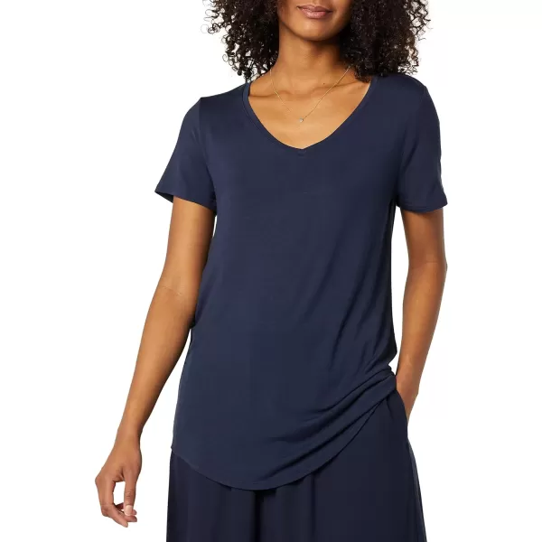 Amazon Essentials Womens RelaxedFit ShortSleeve VNeck Tunic Available in Plus Size MultipacksRayon Blend NavyLime Green