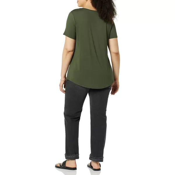 Amazon Essentials Womens RelaxedFit ShortSleeve VNeck Tunic Available in Plus Size MultipacksRayon Blend OliveBurgundy