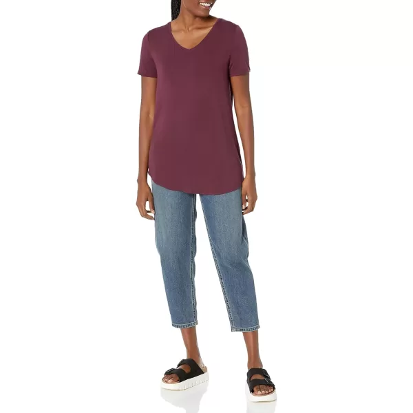 Amazon Essentials Womens RelaxedFit ShortSleeve VNeck Tunic Available in Plus Size MultipacksSustainably Sourced Rayon Blend Burgundy