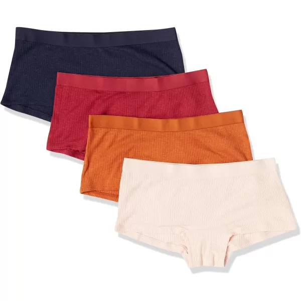 Amazon Essentials Womens Ribbed Boyshort Underwear Pack of 4NavyRedBrown