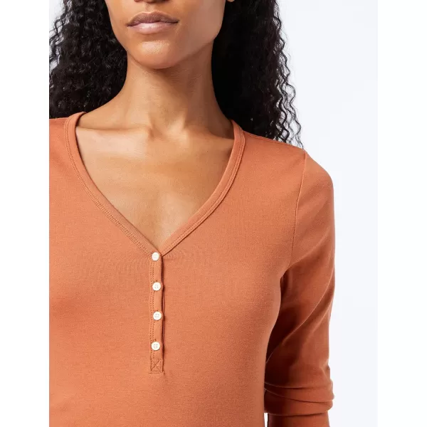 Amazon Essentials Womens Ribbed Knit Long Sleeve Henley Slim Fit TShirtCaramel