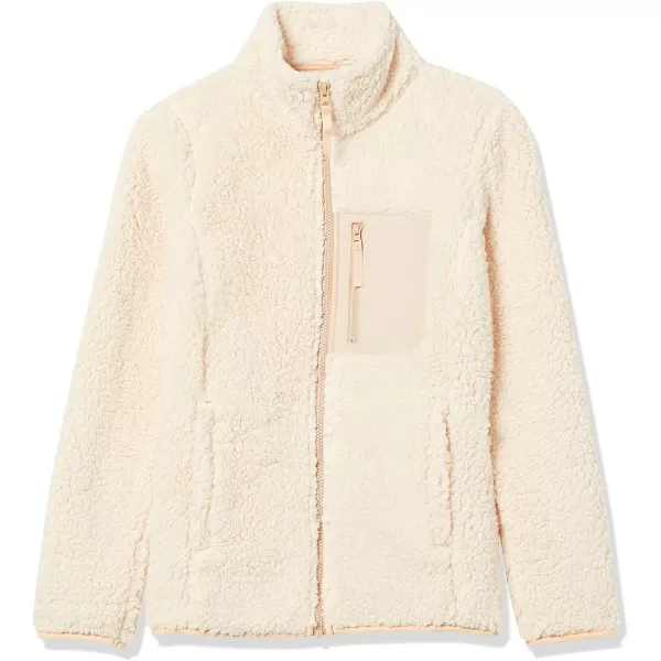 Amazon Essentials Womens Sherpa LongSleeve Mock Neck FullZip Jacket with Woven Trim Available in Plus SizeBeige Color Block