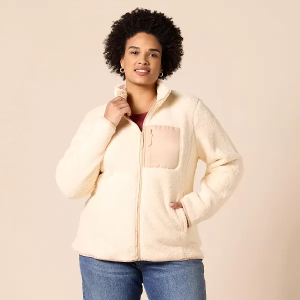 Amazon Essentials Womens Sherpa LongSleeve Mock Neck FullZip Jacket with Woven Trim Available in Plus SizeBeige Color Block