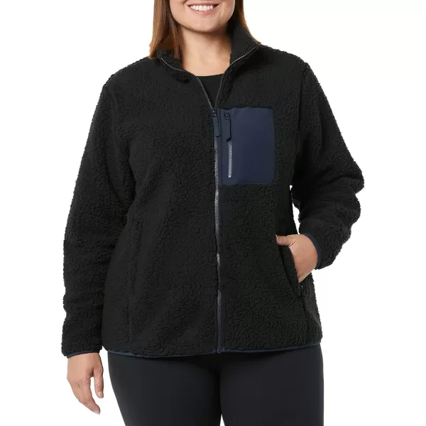 Amazon Essentials Womens Sherpa LongSleeve Mock Neck FullZip Jacket with Woven Trim Available in Plus SizeBlackNavy