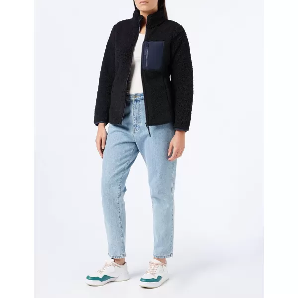 Amazon Essentials Womens Sherpa LongSleeve Mock Neck FullZip Jacket with Woven Trim Available in Plus SizeBlackNavy