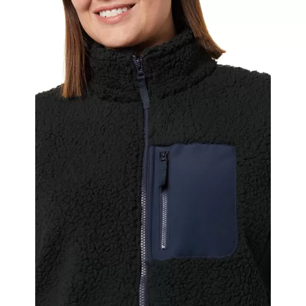 Amazon Essentials Womens Sherpa LongSleeve Mock Neck FullZip Jacket with Woven Trim Available in Plus SizeBlackNavy