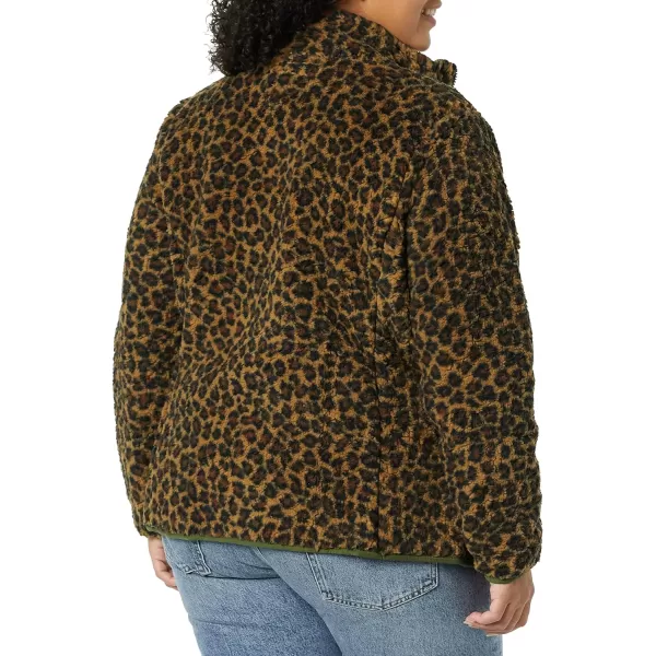 Amazon Essentials Womens Sherpa LongSleeve Mock Neck FullZip Jacket with Woven Trim Available in Plus SizeBrown Cheetah