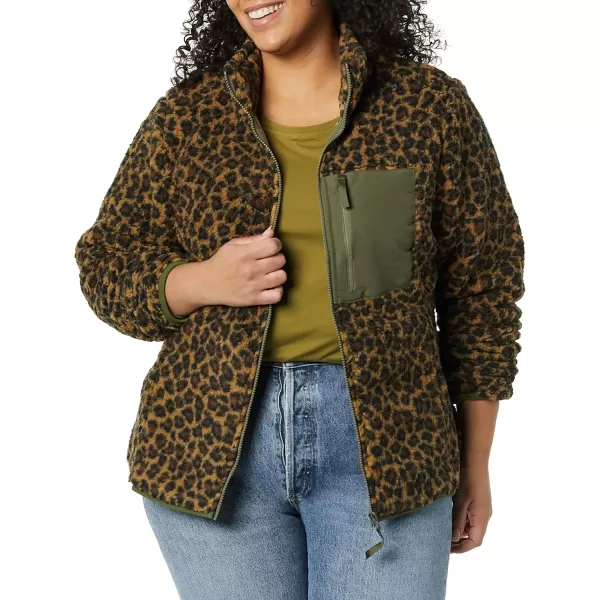 Amazon Essentials Womens Sherpa LongSleeve Mock Neck FullZip Jacket with Woven Trim Available in Plus SizeBrown Cheetah