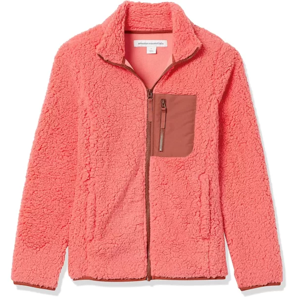 Amazon Essentials Womens Sherpa LongSleeve Mock Neck FullZip Jacket with Woven Trim Available in Plus SizeBrown Coral Pink Color Block