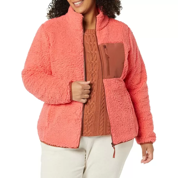Amazon Essentials Womens Sherpa LongSleeve Mock Neck FullZip Jacket with Woven Trim Available in Plus SizeBrown Coral Pink Color Block